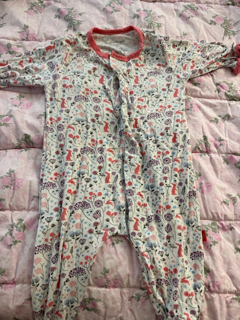 Magnetic Me Cream Footie with Pink and Purple Floral & Fox Print